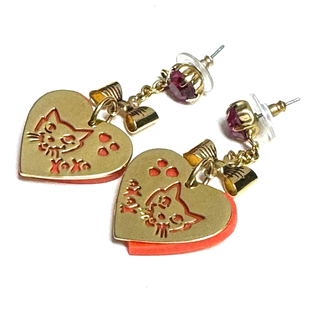 Betsey Johnson Heart Cat Dangle Earrings Gold & Orange Rare XOXO - Picture 3 of 8
